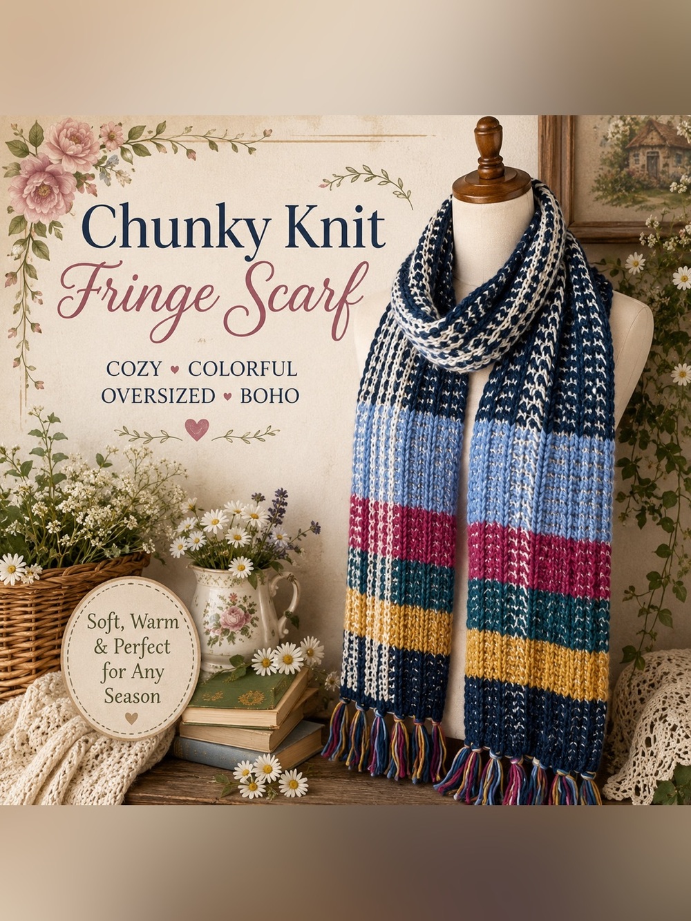 NWOT Chunky Knit Fringe Scarf |Oversized Winter Scarf | Multicolor Boho Wrap